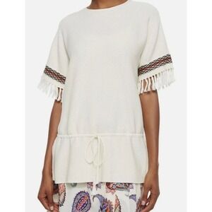 Tory Burch Sweater Womens Large Cream Short Sleeve Fringe Tie Preppy Boho Cotton